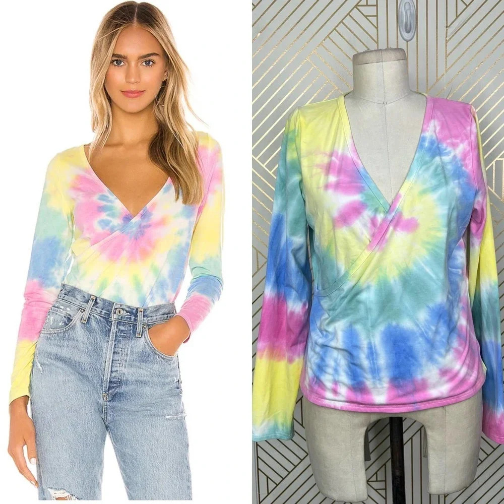 CHASER Long Sleeve Ballet Wrap Top In Tie Dye Pink Yellow Size Large
